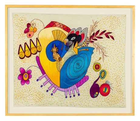 Sin título, lápiz, pastel y bordado a mano sobre gabardina de algodón, 117 x 137 cm