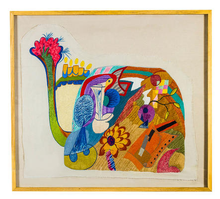Sin título, lápiz, pastel y bordado a mano sobre gabardina de algodón, 126 x 141 cm