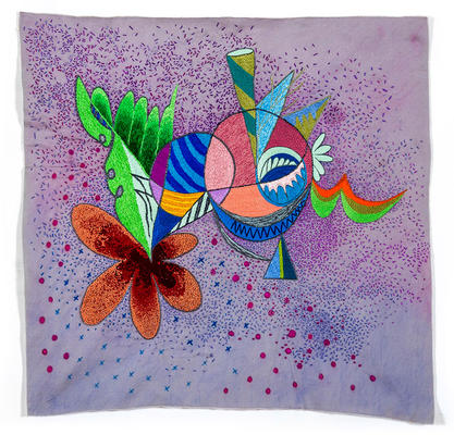 Sin título,  lapiz, pastel y bordado a mano sobre gabardina de algodón, 60 x 57 cm