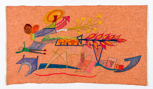 Sin título, lápiz, pastel y bordado a mano sobre genero de tapiceria, 76 x 143 cm