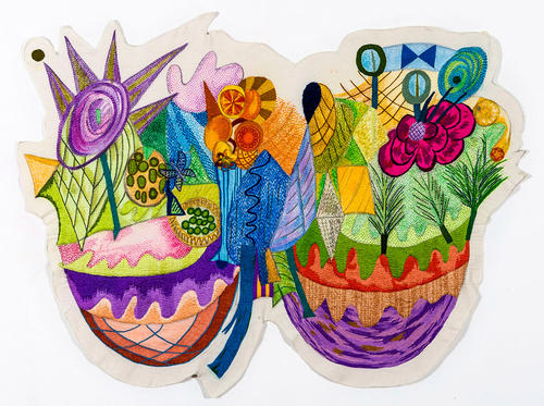 Sin título, lapiz, pastel y bordado a mano sobre lienzo tramado, 112 x 152 cm