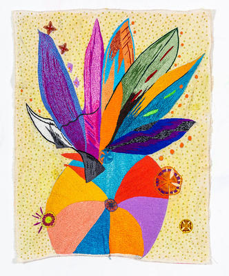 Sín título, lápiz, pastel y bordado a mano sobre lienzo tramado, 75 x 60 cm