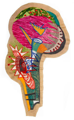 Sin título, lápiz, pastel y bordado a mano sobre lino, 110 x 62 cm